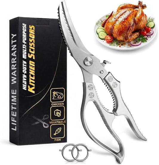 Stainless Steel Poultry Shears – Heavy Duty Kitchen Shears for Food with Hardened Blades, One-Hand Safety Lock, Spring Mechanism, Dishwasher Safe – Chicken, Meat Cutting, Turkey, Fish, and Vegetables