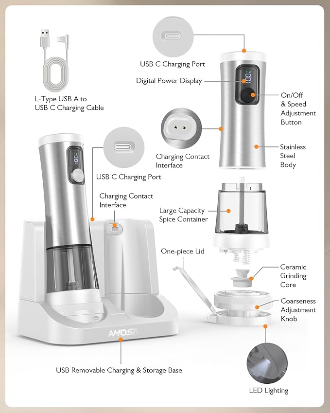 Electric Salt and Pepper Grinder Set, Upgraded 2-Speed Setting, External 5 Adjustable Coarseness, Battery Display Rechargeable Base, Stainless Steel Automatic Salt & Pepper Shaker Mill with LED, White - Image 7