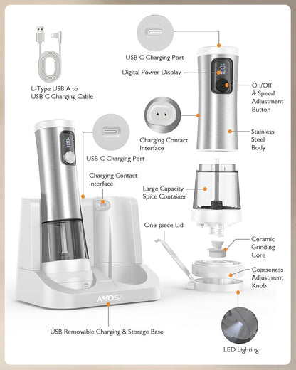 Electric Salt and Pepper Grinder Set, Upgraded 2-Speed Setting, External 5 Adjustable Coarseness, Battery Display Rechargeable Base, Stainless Steel Automatic Salt & Pepper Shaker Mill with LED, White - Image 7
