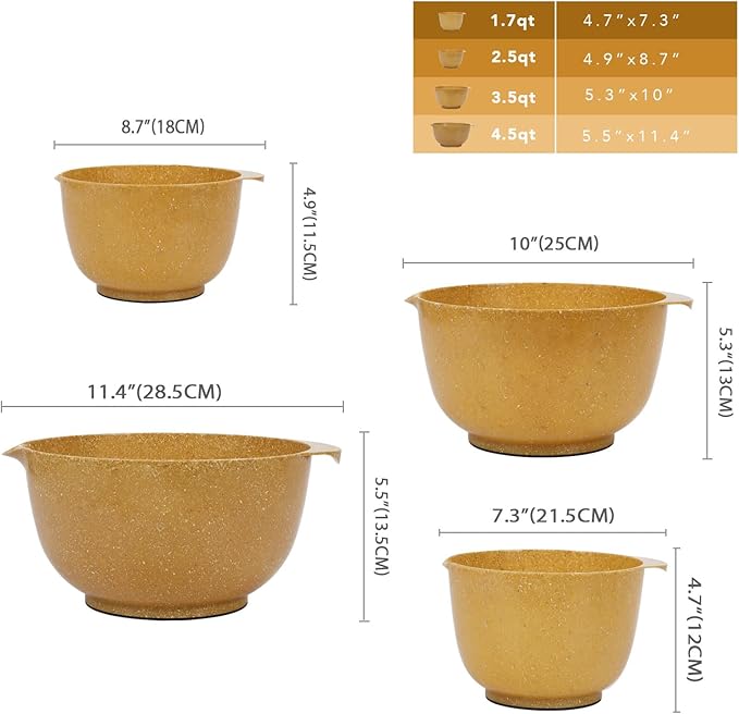 BoxedHome Dressing Bowl Set Red Pine Fiber Salad Bowls Non-Slip Stackable Kitchen Bowls 4 Piece Set Purely natural, made of natural fibers(Deep yellow) - Image 3