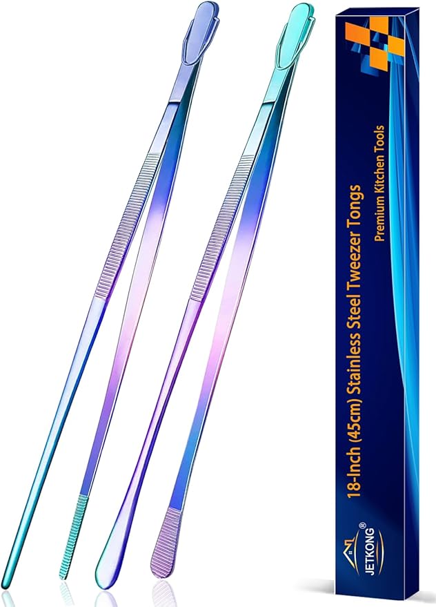 JETKONG 2 Pcs 18 Inch (45cm) Stainless Steel Grill Tongs Heavy Duty Giant Tweezer Tongs, Extra Large Tweezers Tools for Cooking, Grilling, BBQ and Turning Food (Rainbow) by JETKONG