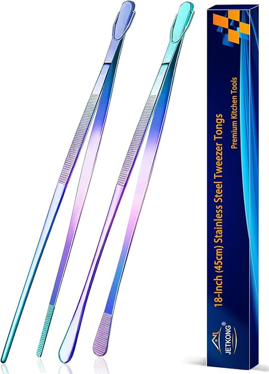 JETKONG 2 Pcs 18 Inch (45cm) Stainless Steel Grill Tongs Heavy Duty Giant Tweezer Tongs, Extra Large Tweezers Tools for Cooking, Grilling, BBQ and Turning Food (Rainbow) by JETKONG