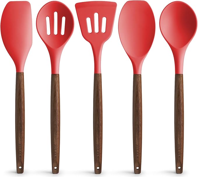 Zulay Kitchen Utensils Set Non-Stick Silicone Cooking Utensils Set with Authentic Acacia Wood Handles - 5 Piece Silicone Utensil Set - Kitchen Utensils Set with 464°F Heat Resistance - Red by ZulayKitchen