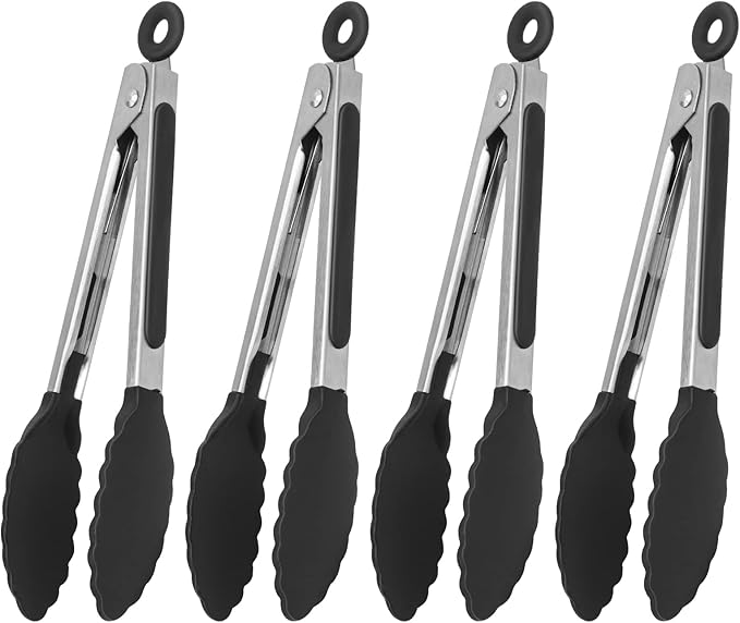 Serving Tongs Kitchen Tongs - Heat Resistant, Premium Stainless Steel Locking Cooking Tongs with Silicone Tips, Non-Slip Food Tongs for Cooking, Heavy Duty, Non-Stick (9 Inch(4 Pack))