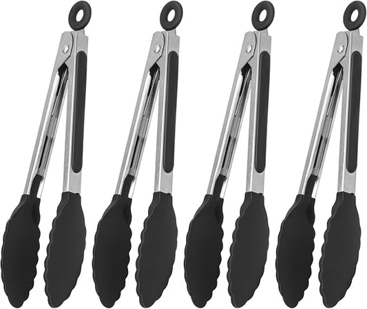 Serving Tongs Kitchen Tongs - Heat Resistant, Premium Stainless Steel Locking Cooking Tongs with Silicone Tips, Non-Slip Food Tongs for Cooking, Heavy Duty, Non-Stick (9 Inch(4 Pack))