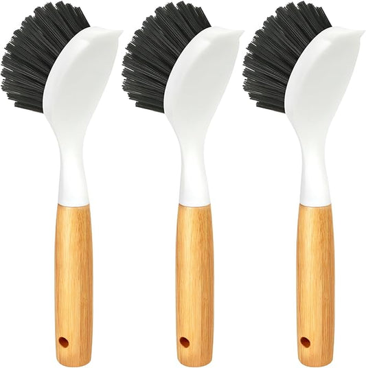 Holikme 3 Pack Cast Iron Brush and Scraper with Bamboo Handle – Skillet Scrubber with Tough Nylon Bristles, Kitchen Cleaner for Cleaning Skillet, Grill Pan, Dark Gray by Holikme