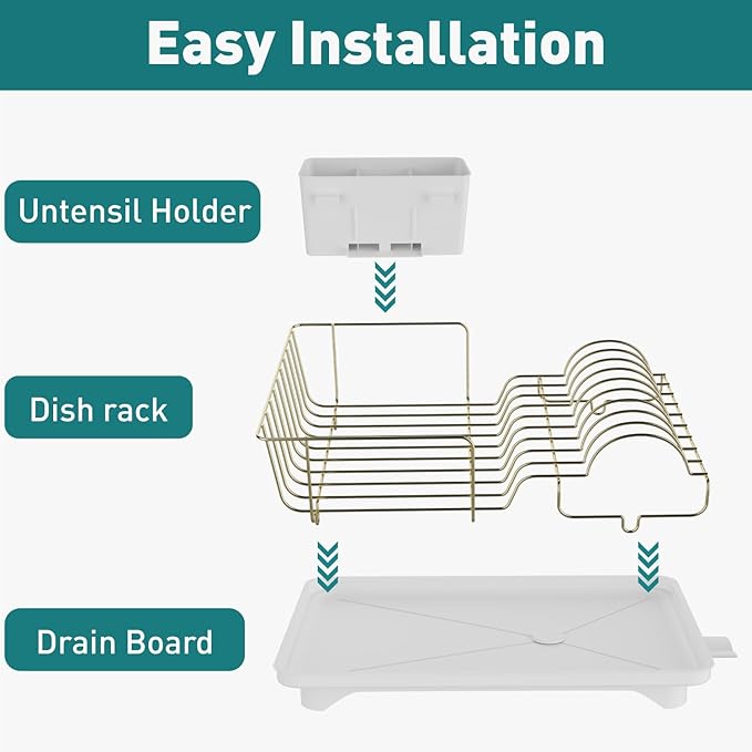 Buruis Dish Drying Rack for Kitchen Countertop, Large Capacity Gold Stainless Steel Dish Drainer with Anti-Slip Rubber Feet, Removable Drain Board and Utensil Holder (White Tray) - Image 8