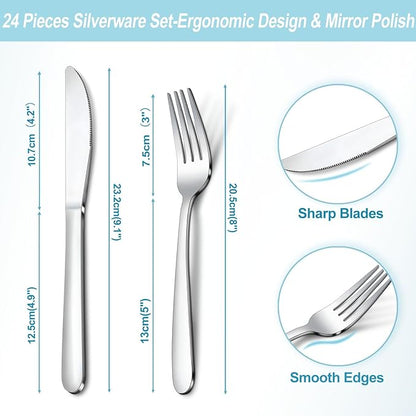 24-Piece Forks and Knives Set for 12, Food-Grade Stainless Steel Silverware Set with 12 Dinner Knives & 12 Forks, Mirror Polished Fork Silverware, Butter Knife and Metal Fork, Dishwasher Safe