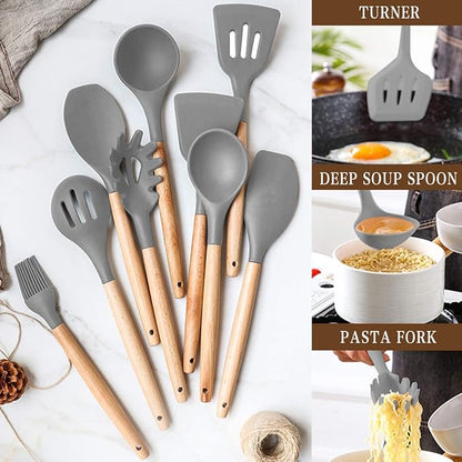 Umite Chef Kitchen Cooking Utensils Set, 33 pcs Non-stick Silicone Spatula Set with Holder, Woodle Handle Heat Resistant Gadgets Utensil (Gray) - Image 7