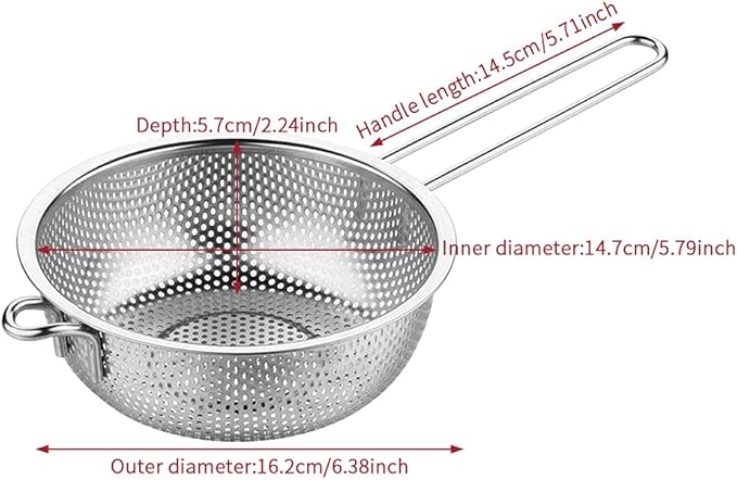 Stainless Steel Colander Fine Mesh Colander with Long Handle, Kitchen Metal Food Strainers with Resting Feet for Strain, Rinse, Fry, Steam or Cook Vegetables & Pasta & Wash fruits(COLOR:silver) - Image 2