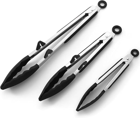 Silicone Kitchen Tongs, 3Pcs Tongs for Cooking with Silicone Tips, Food Grade Small Tong, Mini Serving Tong for BBQ Salad, Black, 7"+9"+12"