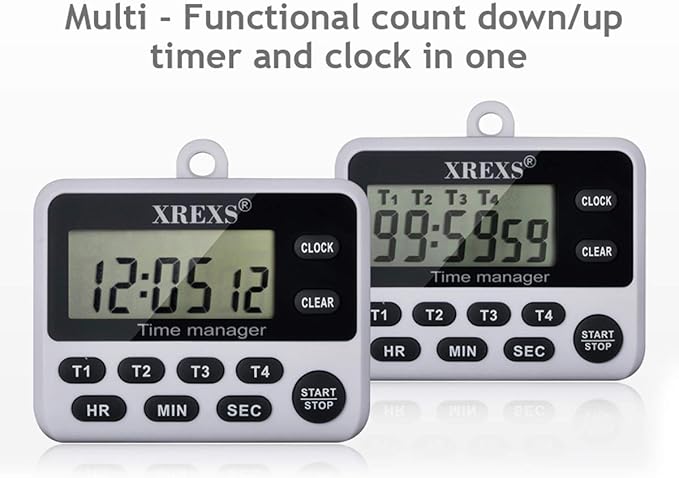 XREXS 4-Channel Digital Kitchen Timer Clock with Large LCD Display, 4 Groups Simultaneous Timing Countdown Up Pocket Timer, Magnetic Attachable (Battery Included) - Image 2
