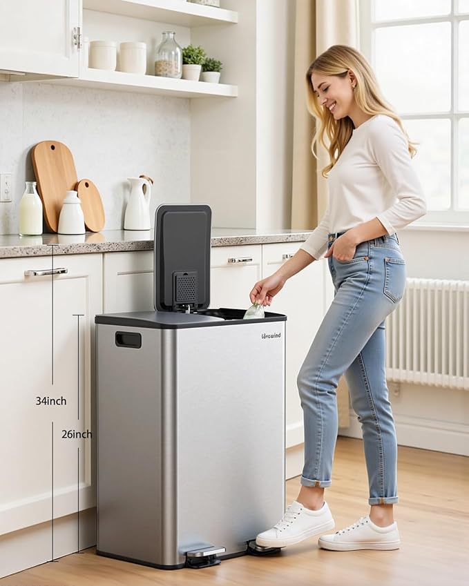 Lovewind Kitchen Trash Can, 2 x 8 Gallon (2 x 30 L) Stainless Steel Trash and Recycle Bin Combo with Soft-Close Lid, Dual Compartment Recycling Kitchen Step Trash Bin, Silver - Image 2