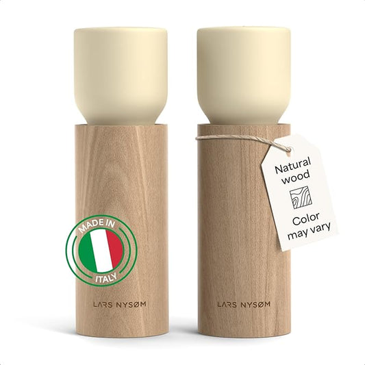 LARS NYSØM Wooden Salt and Pepper Grinder Set Manual - Salt and Pepper Mills with Adjustable Ceramic Grinder - Elegant Beechwood Pepper and Salt Mill Set for Dining Table (Almond Beige)