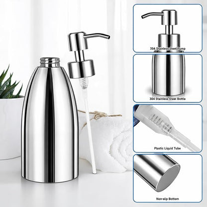 304 Stainless Steel Soap Dispenser 16oz Rust-Proof Liquid Soap Pump Bottle for Kitchen or Bathroom Countertop Hand Dish Lotion Leak-Proof (Mirror Stainless Steel)