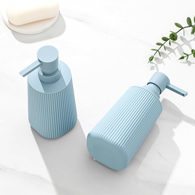 Small Soap Dispenser for Bathroom and Kitchen, Modern Farmhouse Striped Style Plastic Hand Soap Dish Soap Dispenser with Pump Light Blue - Image 6