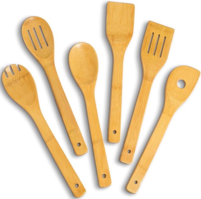 IOOLEEM Bamboo Wooden Spoons for Cooking 6 Pcs 12 Inch, Non-Stick Wooden Kitchen Utensils Set, Natural and Durable Wooden Spatula Spoons for Non-Stick Pan for Cooking by IOOLEEM
