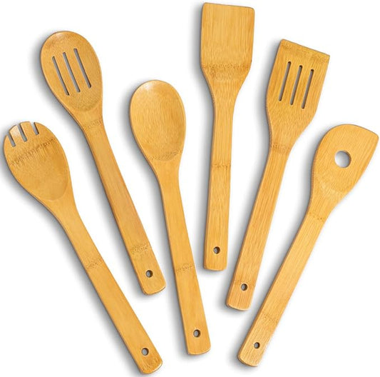 IOOLEEM Bamboo Wooden Spoons for Cooking 6 Pcs 12 Inch, Non-Stick Wooden Kitchen Utensils Set, Natural and Durable Wooden Spatula Spoons for Non-Stick Pan for Cooking by IOOLEEM