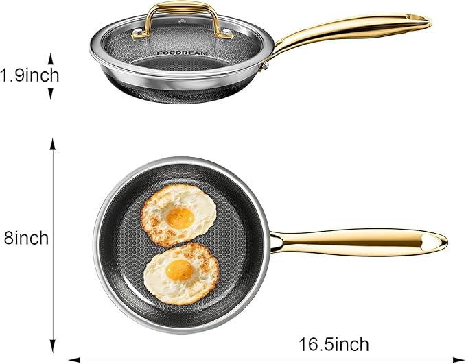FogDream 8 Inch Stainless Steel Frying Pan with Lid, Honeycomb Hybrid Nonstick Skillet for Induction & All Cooktops, PFAS/PFOA/PTFE Free, Oven Safe to 500°F, Stay-Cool Handle, Dishwasher Safe, Gold - Image 6