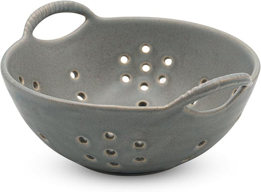 Matte Glaze Ceramic Berry Colander Bowl with Handles – 8.5" Handle-to-Handle × 8" Bowl Dia × 3.3" High – Rustic Stoneware Drain Bowl for Fruit, Berries, and Kitchen Decor (Sage Green)