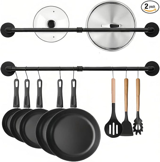 24 inch Pan Rack Wall Mounted Set of 2, Pan Hangers for Kitchen, Industrial Pipe Utensils Hanging Rail Detachable Storage Organizer, Iron Lids Holder with 10 S Hooks by BOSHANGJIA