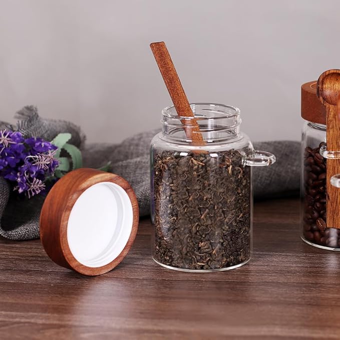 SAIOOL Loose Leaf Tea Storage Canister Set, 4 Pieces 16 OZ Glass Tea Containers with Wooden Lids and Spoons for Loose Tea, Coffee, Sugar, Oatmeal, Herbs (Tea Canisters) - Image 7