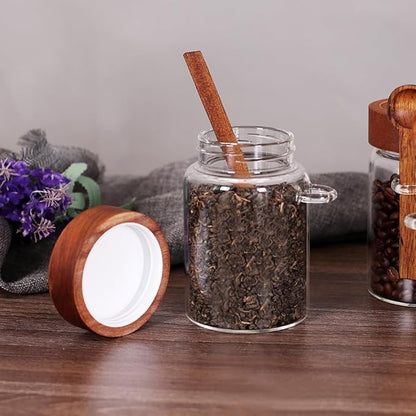 SAIOOL Loose Leaf Tea Storage Canister Set, 4 Pieces 16 OZ Glass Tea Containers with Wooden Lids and Spoons for Loose Tea, Coffee, Sugar, Oatmeal, Herbs (Tea Canisters) - Image 7