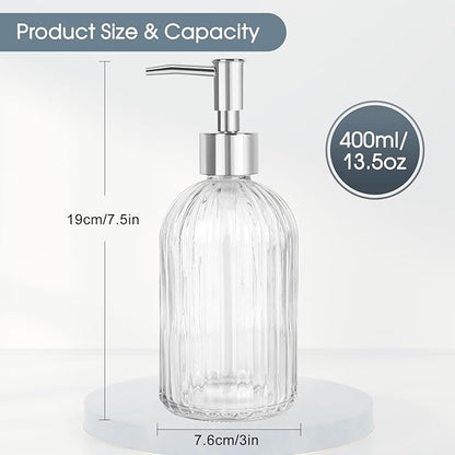 Topsky Stripe Glass Soap Dispenser with Plastic Pump, 400ml Liquid Hand Soap Dispenser, Rustproof Pump for Kitchen & Bathroom, Great for Lotions, Essential Oil, Liquid Soaps,Transparent - Image 4
