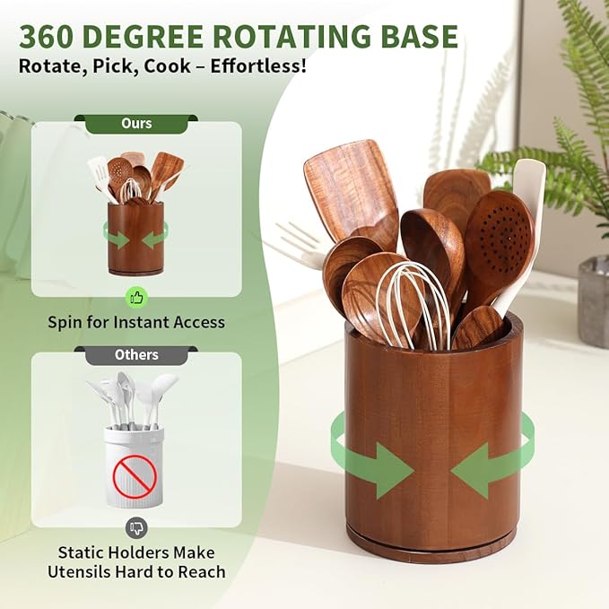 Wooden Utensil Holder, 360°Rotating 7.3'' Large Utensil Holder for Kitchen Counter, Kitchen Utensil Organizer, Utensil Crock, Farmhouse Kitchens Countertop Decor, Walnut-finish - Image 2