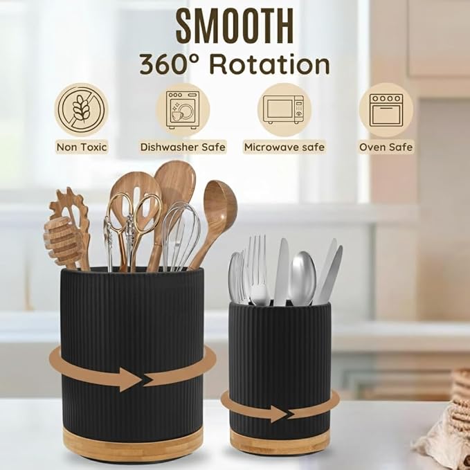 2 Pack Ceramic Utensil Holder, 7.3"+5.4" Large kitchen utensils holder for Countertop, 360° Rotating Cooking Utensil Crock for Kitchen Counter with Detachable Wooden Base, Kitchen Decor- Black - Image 2