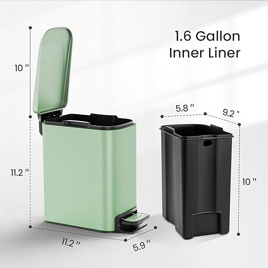 Cesun Small Bathroom Trash Can with Lid Soft Close, Step Pedal, 6 Liter / 1.6 Gallon Stainless Steel Garbage Can with Removable Inner Bucket, Anti-Fingerprint Finish (Matt Green) - Image 6
