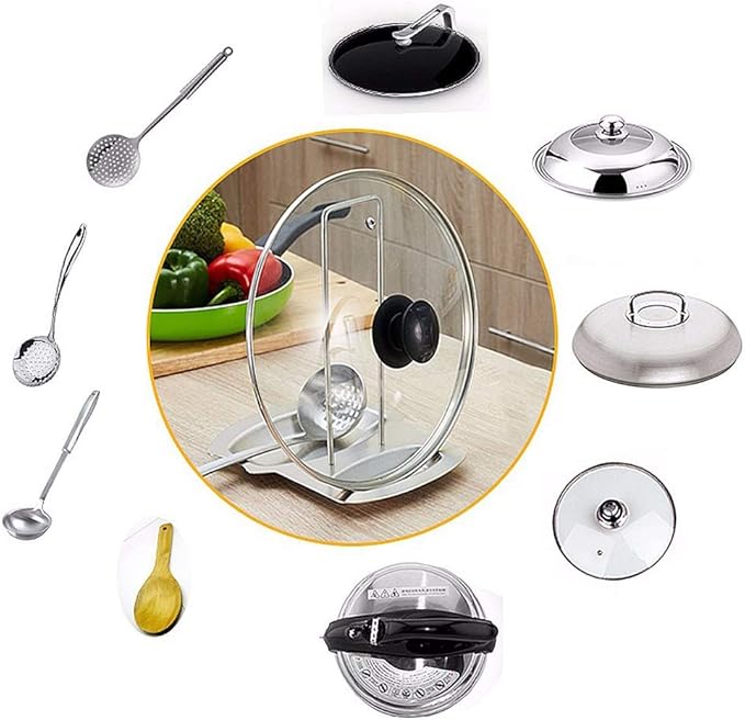 Pot Lid Holder Spoon Rest,Stainless Steel Utensils Pan Pot Cover Lid Rack Stand Organizer,Multifunctional Storage Soup Spoon Rests Rack Kitchen Decor Tool - Image 3