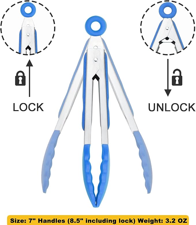 HINMAY Small Tongs with Silicone Tips 7-Inch Serving Tongs, Set of 3 (Blue) - Image 3