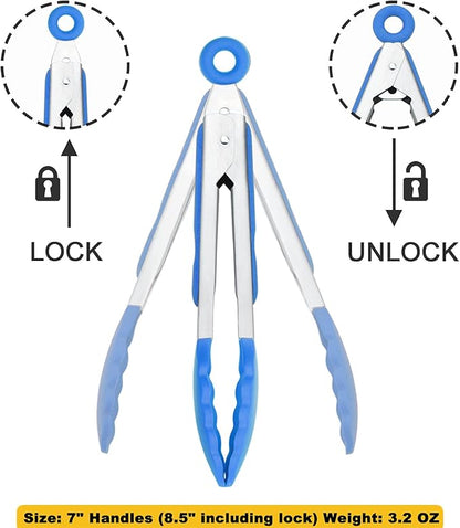 HINMAY Small Tongs with Silicone Tips 7-Inch Serving Tongs, Set of 3 (Blue) - Image 3