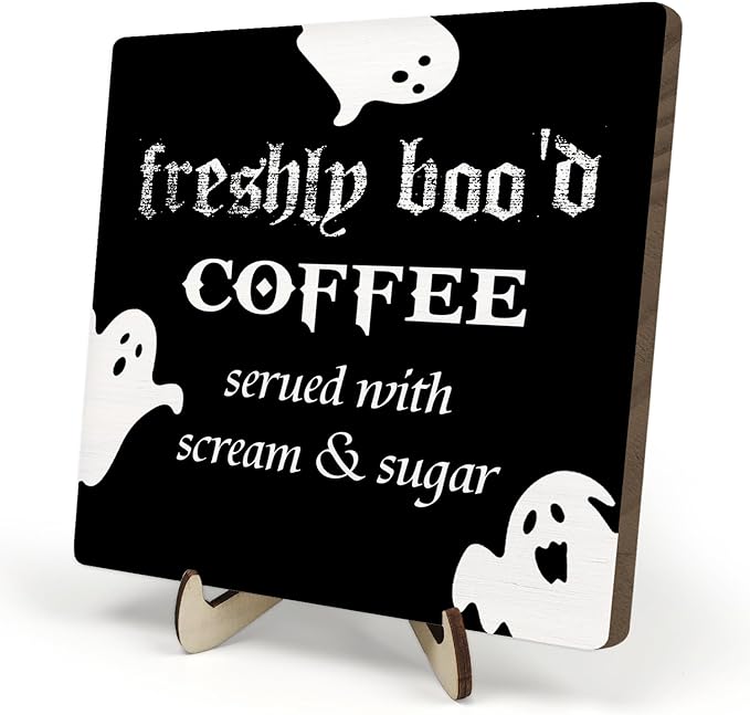 Freshly Boo'd Coffee Wood Sign, Halloween Coffee Bar Decor, Scream Sugar Spooky Season Haunted House Signs Ghosts Fall Shelf Sitter Kitchen Rustic Farmhouse Home Decor Wooden Plaque Sign by DMADNF