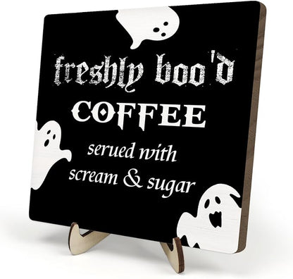Freshly Boo'd Coffee Wood Sign, Halloween Coffee Bar Decor, Scream Sugar Spooky Season Haunted House Signs Ghosts Fall Shelf Sitter Kitchen Rustic Farmhouse Home Decor Wooden Plaque Sign by DMADNF