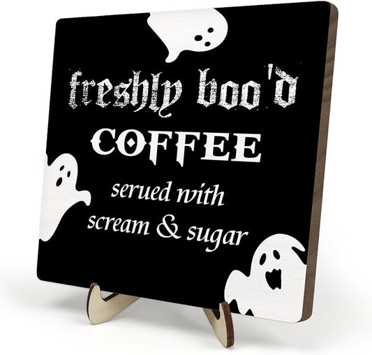 Freshly Boo'd Coffee Wood Sign, Halloween Coffee Bar Decor, Scream Sugar Spooky Season Haunted House Signs Ghosts Fall Shelf Sitter Kitchen Rustic Farmhouse Home Decor Wooden Plaque Sign by DMADNF