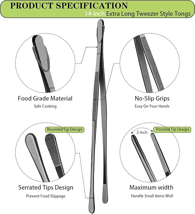 JETKONG 2 Pcs 14-Inch Food Tweezer Tongs Extra Long Stainless Steel Kitchen Tweezer Cooking Tweezers (Black) - Image 2