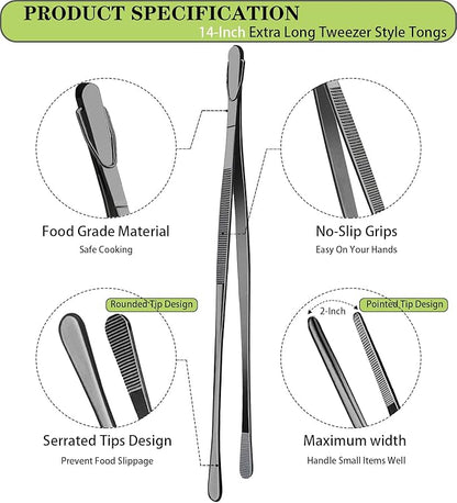 JETKONG 2 Pcs 14-Inch Food Tweezer Tongs Extra Long Stainless Steel Kitchen Tweezer Cooking Tweezers (Black) - Image 2