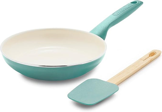 GreenPan Rio Healthy Ceramic Nonstick 8" Frying Pan Skillet and Silicone Spatula Set, Soft Grip Handle, Breaktfast Meal Set, PFAS-Free, Dishwasher Safe, Oven Safe, Turquoise by GreenPan