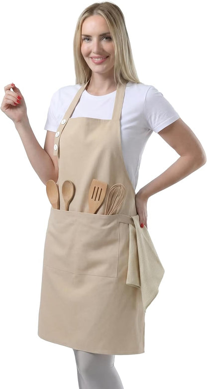 TOSHE Kitchen Apron Waterdrop Resistant Cotton Apron with adjustable Aprons for Women with Pockets 10 Color option Cooking Beige Apron(Beige) by TOSHE