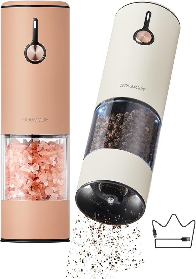 Electric Pepper Grinder and Salt Mill Set - Large Capacity USB Rechargeable Automatic Grinder with Dual LED Lights, One-Handed Operation & Slide Cover - Brushed Stainless Steel by GORMODEOfficial