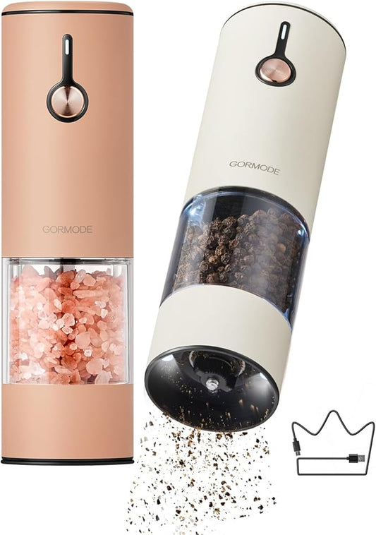 Electric Pepper Grinder and Salt Mill Set - Large Capacity USB Rechargeable Automatic Grinder with Dual LED Lights, One-Handed Operation & Slide Cover - Brushed Stainless Steel by GORMODEOfficial
