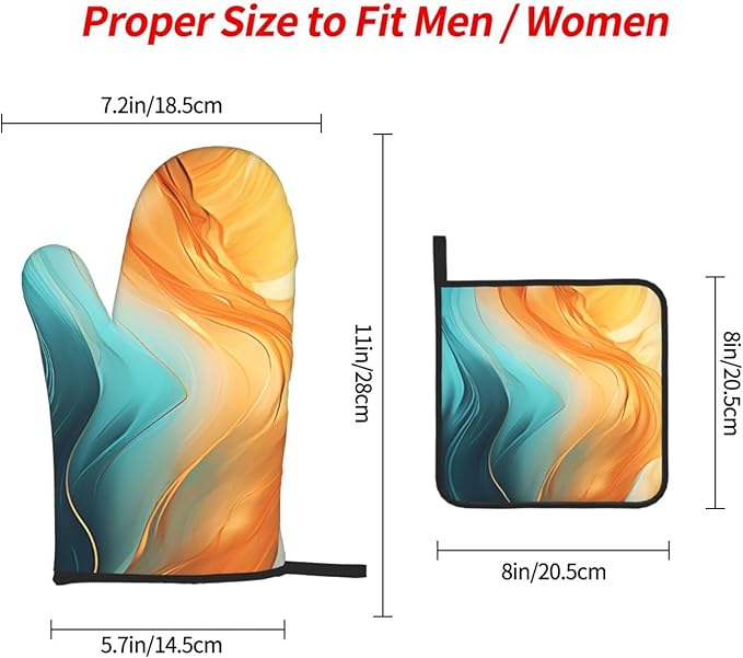 Orange Teal Marble Oven Mitts and Pot Holders Sets of 3 Kitchen Hot Pads Modern Oven Gloves Heat Resistant Washable for Cooking Grilling Baking Holiday Kitchen Decor - Image 4