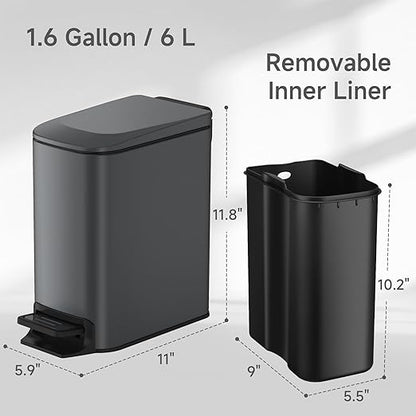 TIPGO Slim Bathroom Trash Can with Lid Soft Close, 6 Liter / 1.6 Gallon Stainless Steel Garbage Can with Removable Inner Bucket, Step Pedal, Small Trash Cans for Bedroom, Office, Kitchen (Grey) - Image 6