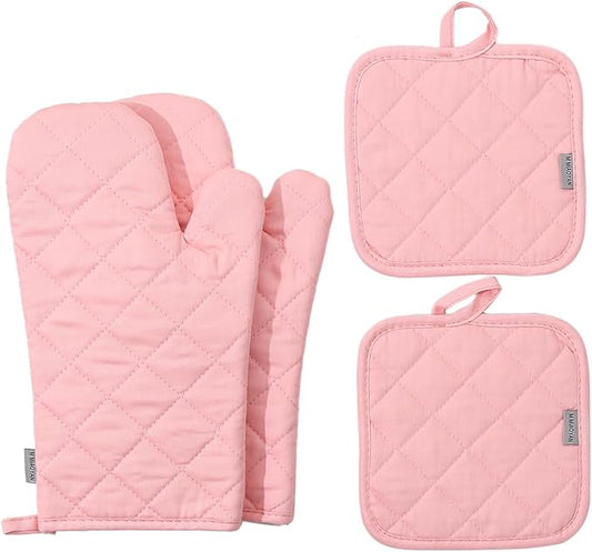 Oven Mitts and Pot Holders 4 pcs Set,High Heat Resistant 500 Degree Extra Thicken Long Kitchen Cotton Oven Glove for Cooking (12 Inch,Pink)… by M+MIAOYAN