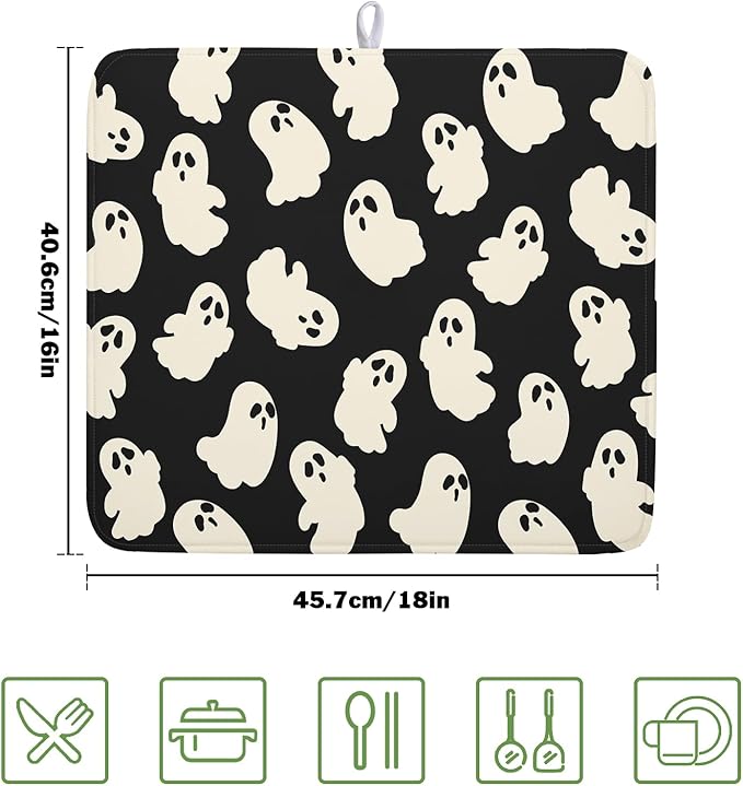 Halloween Ghost Dish Drying Mat 16X18 Inch Spooky Halloween Drying Mat for Kitchen Counter Black White Absorbent Microfiber Reversible Dishes Pad Dish Drainer Mat for Halloween Kitchen Accessories