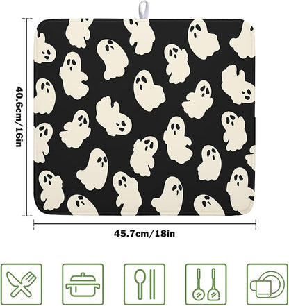 Halloween Ghost Dish Drying Mat 16X18 Inch Spooky Halloween Drying Mat for Kitchen Counter Black White Absorbent Microfiber Reversible Dishes Pad Dish Drainer Mat for Halloween Kitchen Accessories
