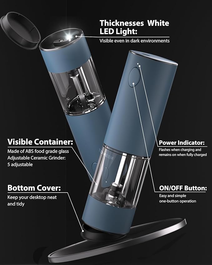 TOMEEM Upgraded Larger Capacity Electric Salt and Pepper Grinder Set Rechargeable with LED lights, Stainless Steel Automatic Pepper and Salt Grinder Refillable with 5 Adjustable Coarseness Blue - Image 7