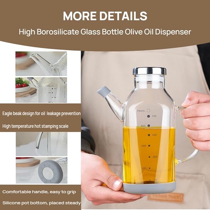 High Borosilicate Glass Oil Bottle-Olive Oil Dispenser for Kitchen-Soy Sauce and Vinegar Dispenser Bottle- Cooking Container Cruet-Oil Dispensing Bottles(Transparent, Large/750ml)